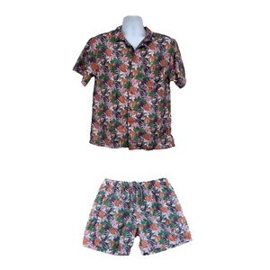 NWT Boardies Apparel Mens Swim Trunks & Matching Shirt M Pineapple Flower Shorts